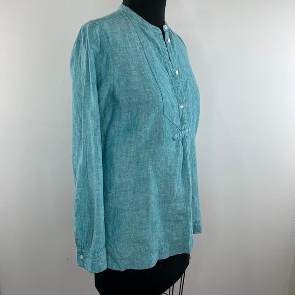 J Crew Baird McNutt Irish Linen Turquoise Blue Long Sleeves Popover Top Size 0 - Picture 3 of 12